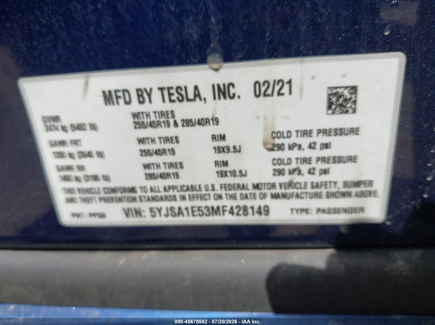 2021 Tesla Model S Long Range Dual Motor All-Wheel Drive VIN: 5YJSA1E53MF428149 Lot: 45678582