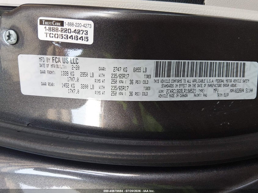 2020 Chrysler Pacifica Touring L VIN: 2C4RC1BG9LR190521 Lot: 45678584