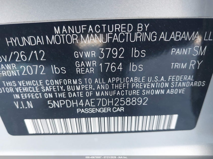2013 Hyundai Elantra Limited VIN: 5NPDH4AE7DH258892 Lot: 45678587