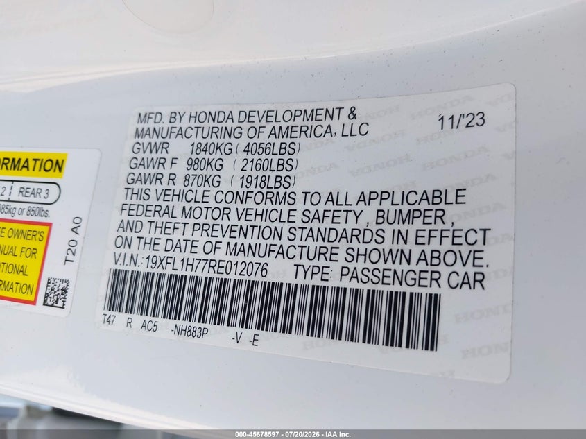 HONDA CIVIC 2024 VIN 19XFL1H77RE012076