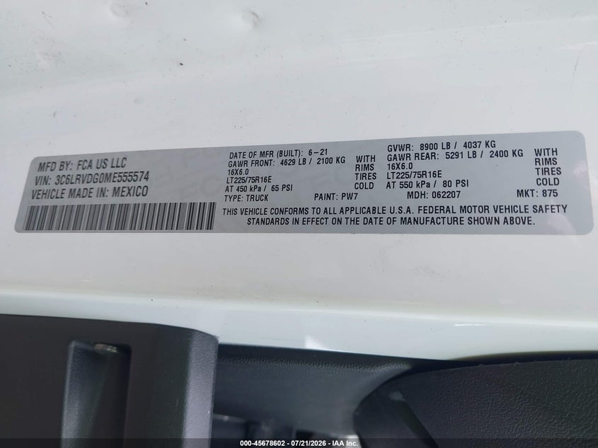 2021 Ram Promaster 2500 High Roof 159 Wb VIN: 3C6LRVDG0ME555574 Lot: 45678602