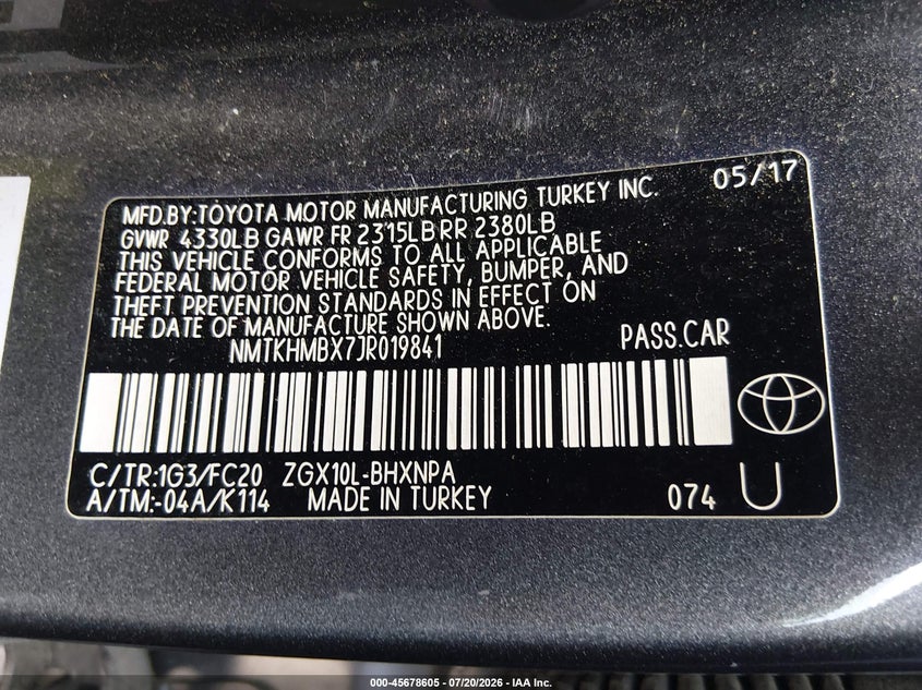 2018 Toyota C-Hr Xle VIN: NMTKHMBX7JR019841 Lot: 45678605