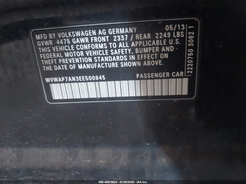 2014 Volkswagen Cc 2.0T R-Line VIN: WVWAP7AN3EE500845 Lot: 45678624