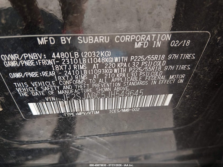 2018 Subaru Forester 2.5I Premium VIN: JF2SJAGC5JH549645 Lot: 45678630