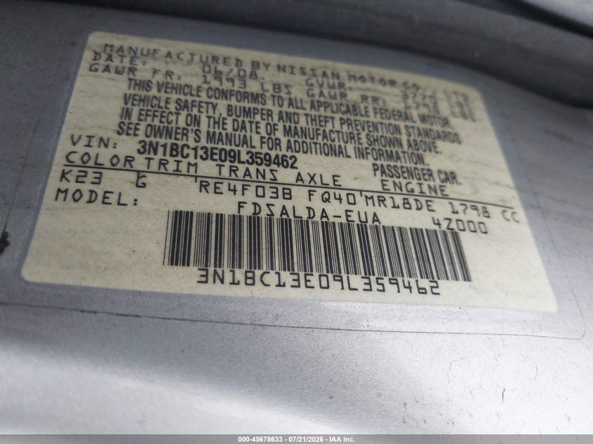 2009 Nissan Versa 1.8S VIN: 3N1BC13E09L359462 Lot: 45678633