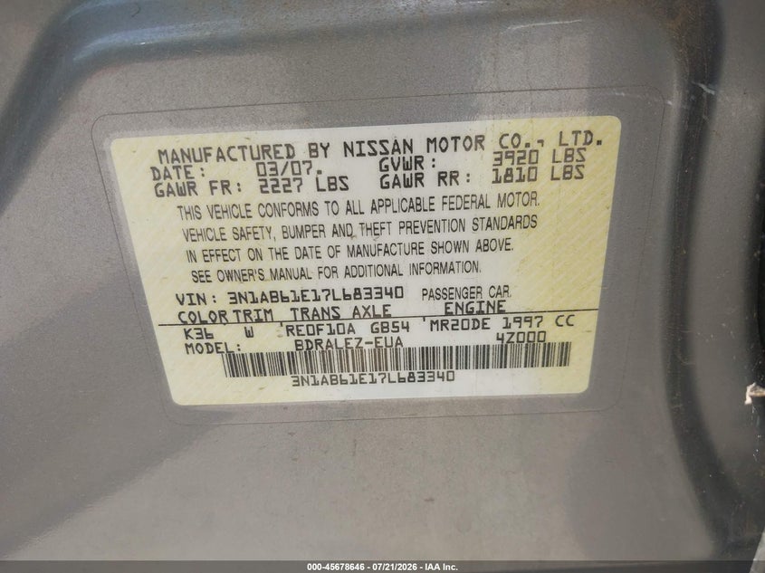 2007 Nissan Sentra 2.0S VIN: 3N1AB61E17L683340 Lot: 45678646