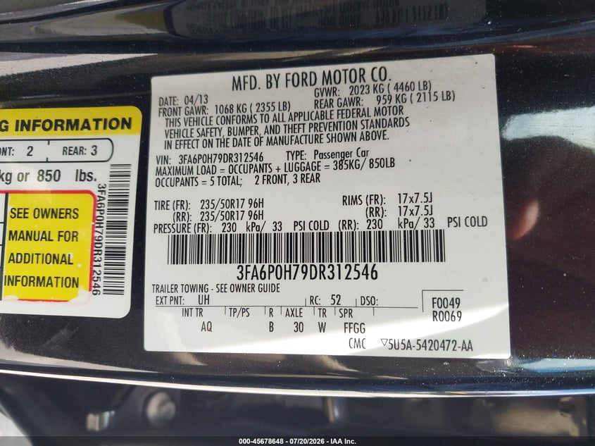 2013 Ford Fusion Se VIN: 3FA6P0H79DR312546 Lot: 45678648