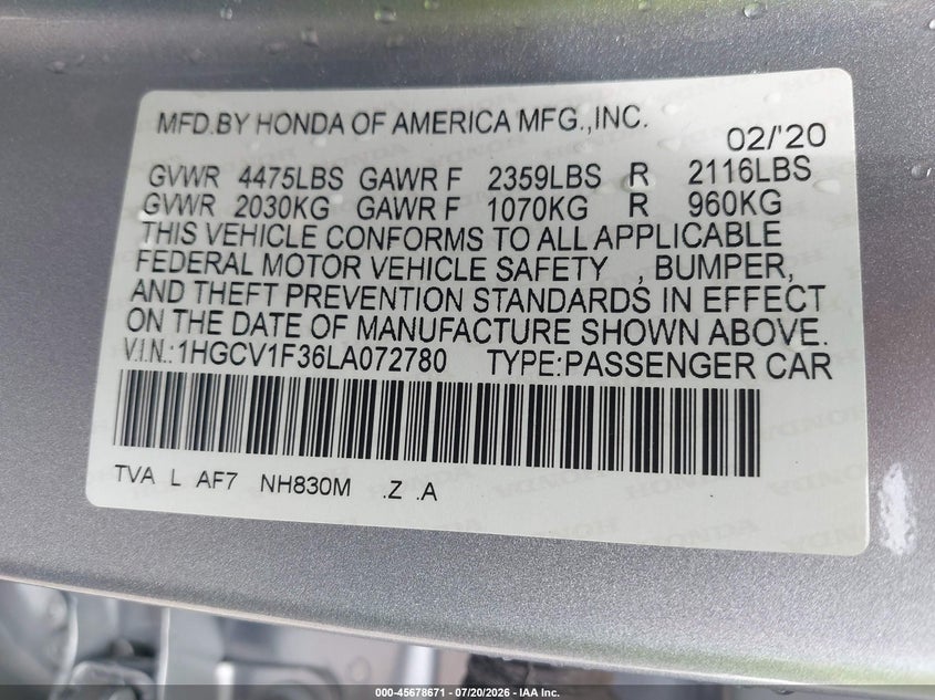 2020 Honda Accord Sport VIN: 1HGCV1F36LA072780 Lot: 45678671