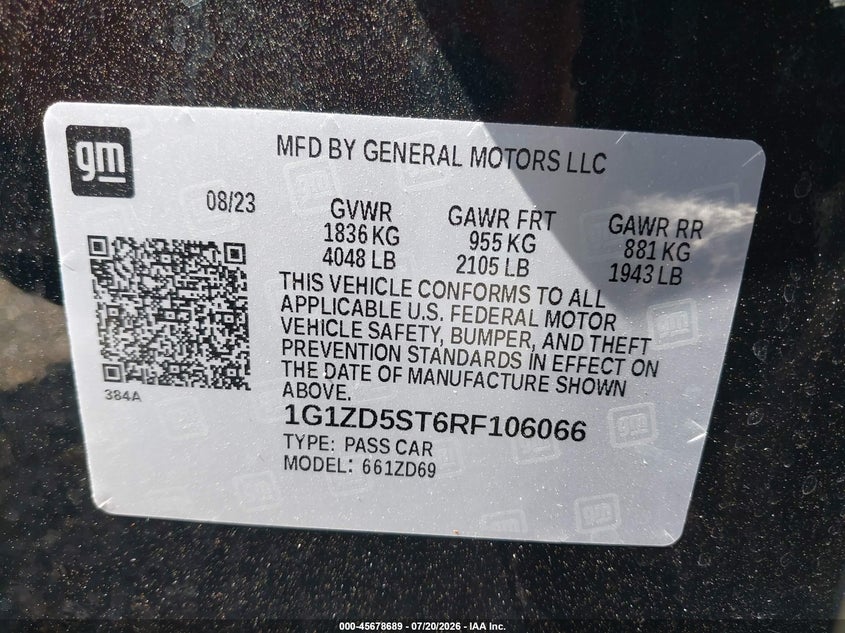 2024 Chevrolet Malibu Fwd 1Lt VIN: 1G1ZD5ST6RF106066 Lot: 45678689