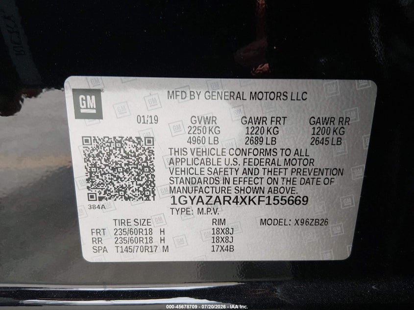 2019 Cadillac Xt4 Luxury VIN: 1GYAZAR4XKF155669 Lot: 45678709