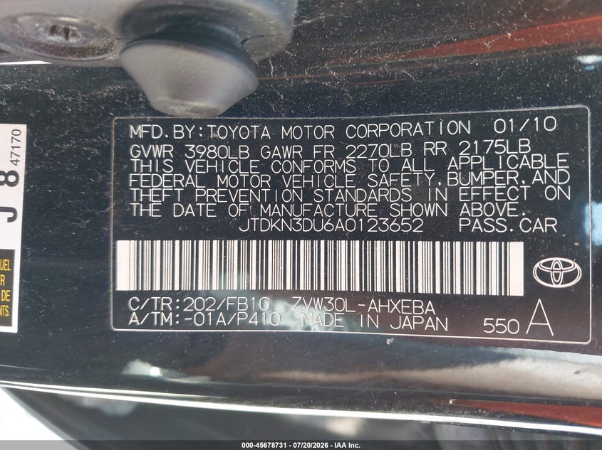 2010 Toyota Prius Iii VIN: JTDKN3DU6A0123652 Lot: 45678731