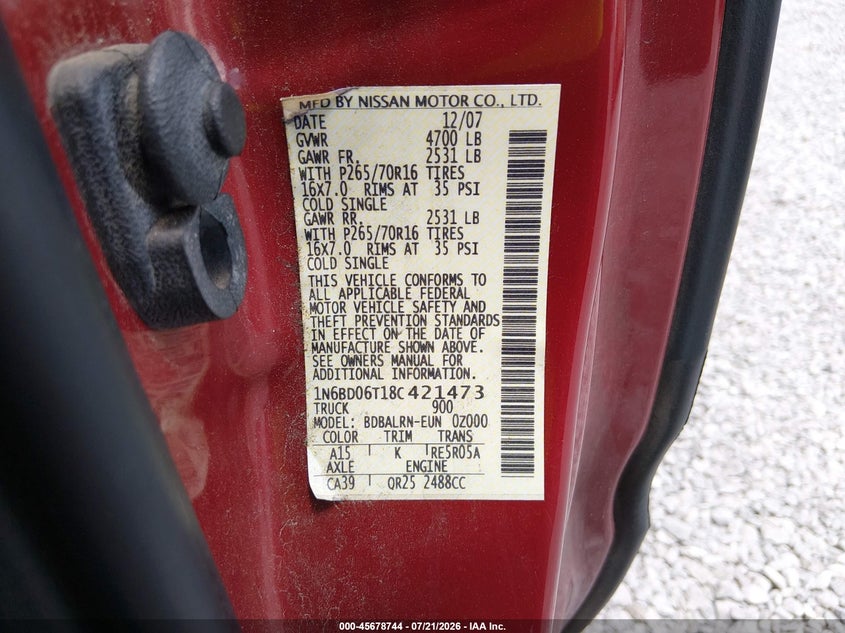 2008 NISSAN NAVARA (FRONTIER) PICKUP 2.5L I-4 DOHC, VVT, 152HP