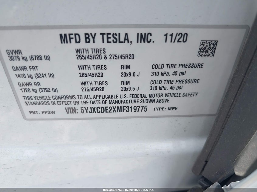 2021 Tesla Model X Long Range Dual Motor All-Wheel Drive/Long Range Plus Dual Motor All-Wheel Drive VIN: 5YJXCDE2XMF319775 Lot: 45678753