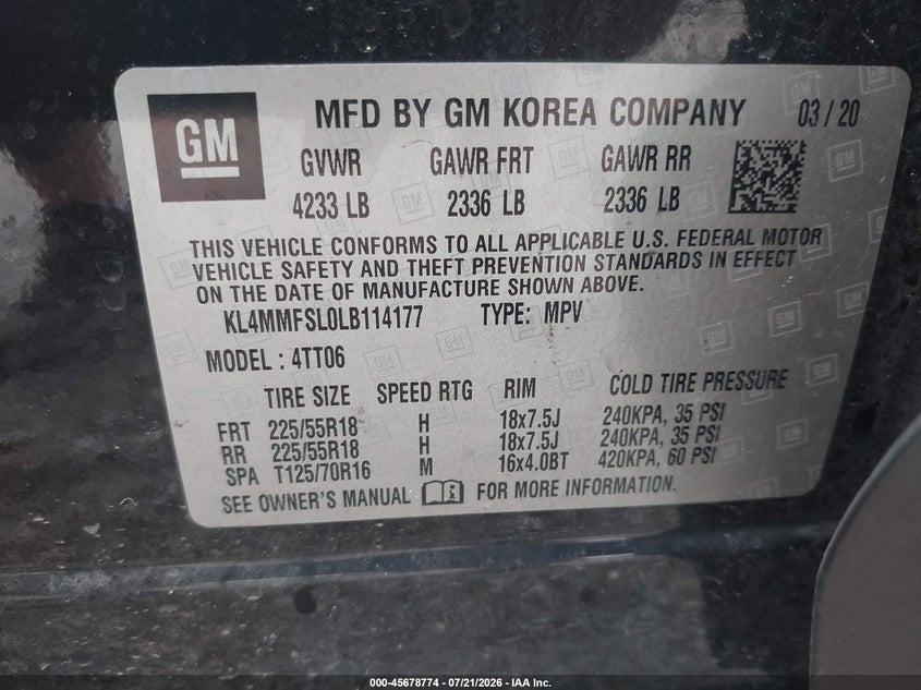 2020 Buick Encore Gx Fwd Essence VIN: KL4MMFSL0LB114177 Lot: 45678774