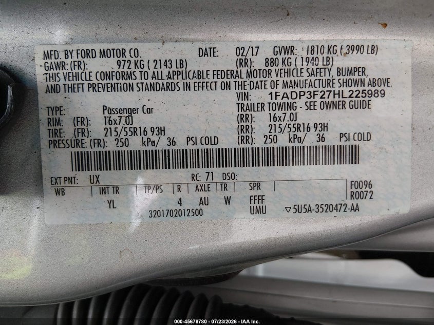 2017 FORD FOCUS SEDAN 2.0L I-4 DI, DOHC, VVT, 159HP