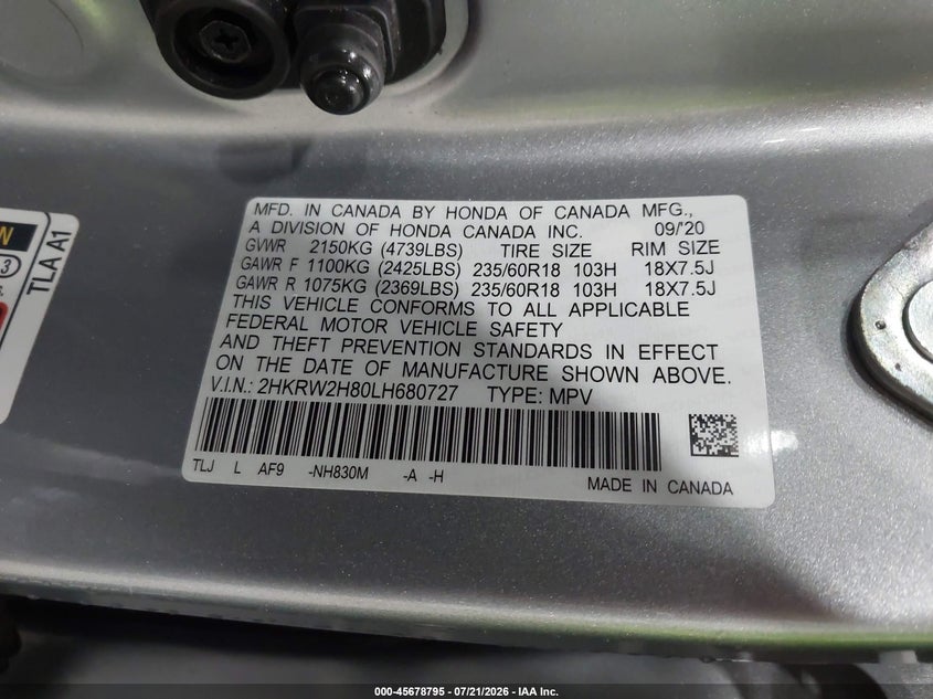 2020 Honda Cr-V Awd Ex-L VIN: 2HKRW2H80LH680727 Lot: 45678795