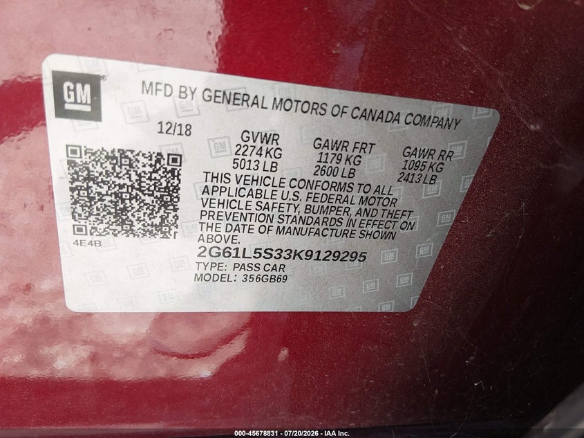 2019 Cadillac Xts Standard VIN: 2G61L5S33K9129295 Lot: 45678831