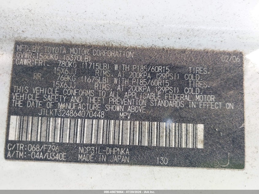 2006 Scion Xb VIN: JTLKT324864070448 Lot: 45678864
