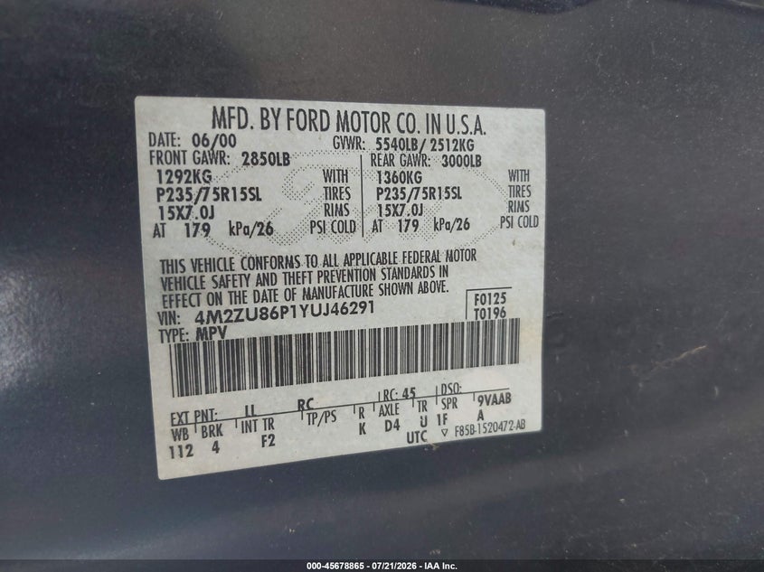 2000 Mercury Mountaineer VIN: 4M2ZU86P1YUJ46291 Lot: 45678865