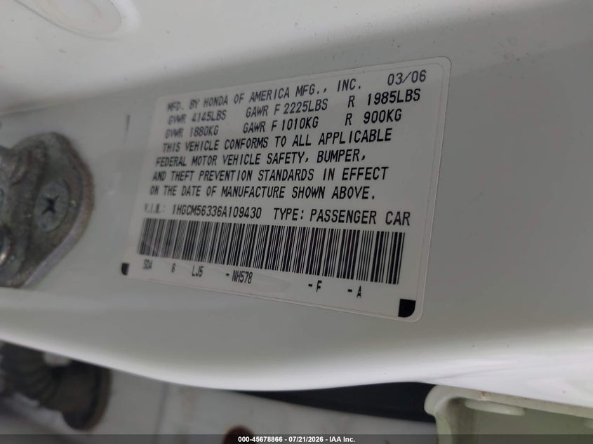 2006 Honda Accord 2.4 Se VIN: 1HGCM56336A109430 Lot: 45678866