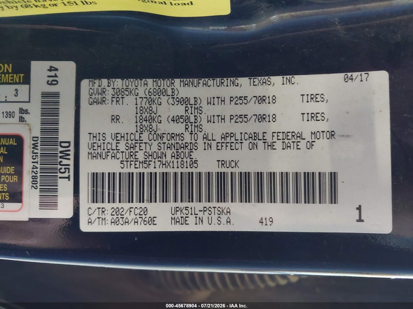 2017 Toyota Tundra Sr5 4.6L V8 VIN: 5TFEM5F17HX118105 Lot: 45678904