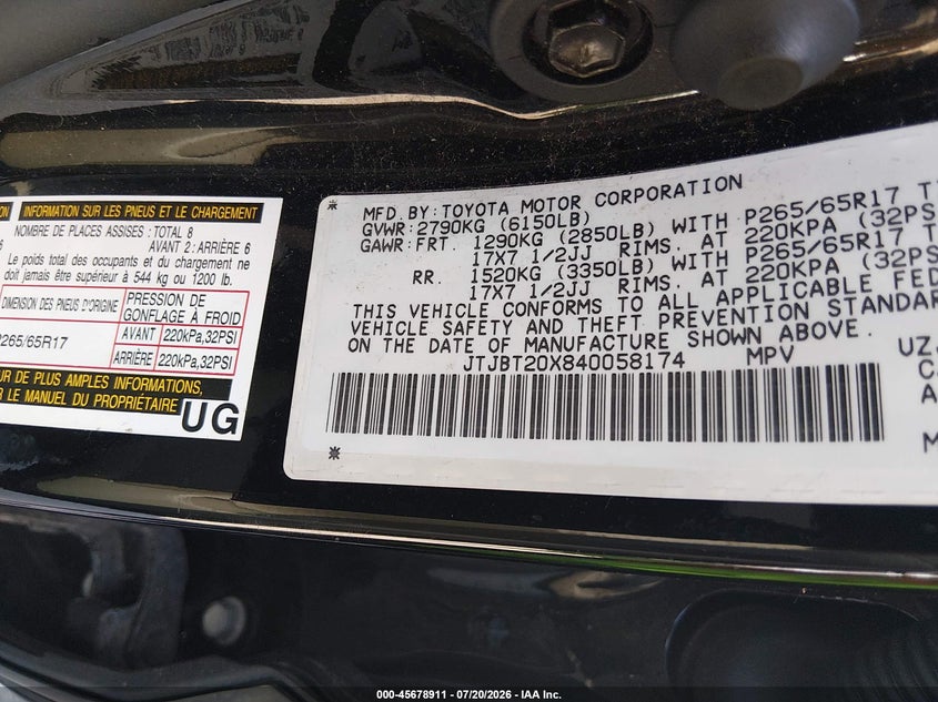 2004 Lexus Gx 470 VIN: JTJBT20X840058174 Lot: 45678911