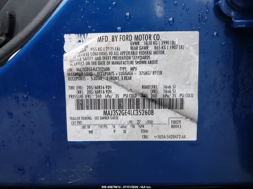 2020 Ford Ecosport Se VIN: MAJ3S2GE4LC352608 Lot: 45678914