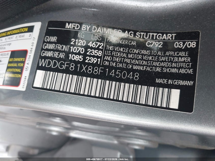 2008 Mercedes-Benz C 300 Luxury 4Matic/Sport 4Matic VIN: WDDGF81X88F145048 Lot: 45678917
