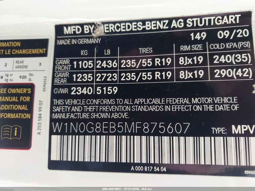 2021 Mercedes-Benz Glc 300 4Matic Suv VIN: W1N0G8EB5MF875607 Lot: 45678921