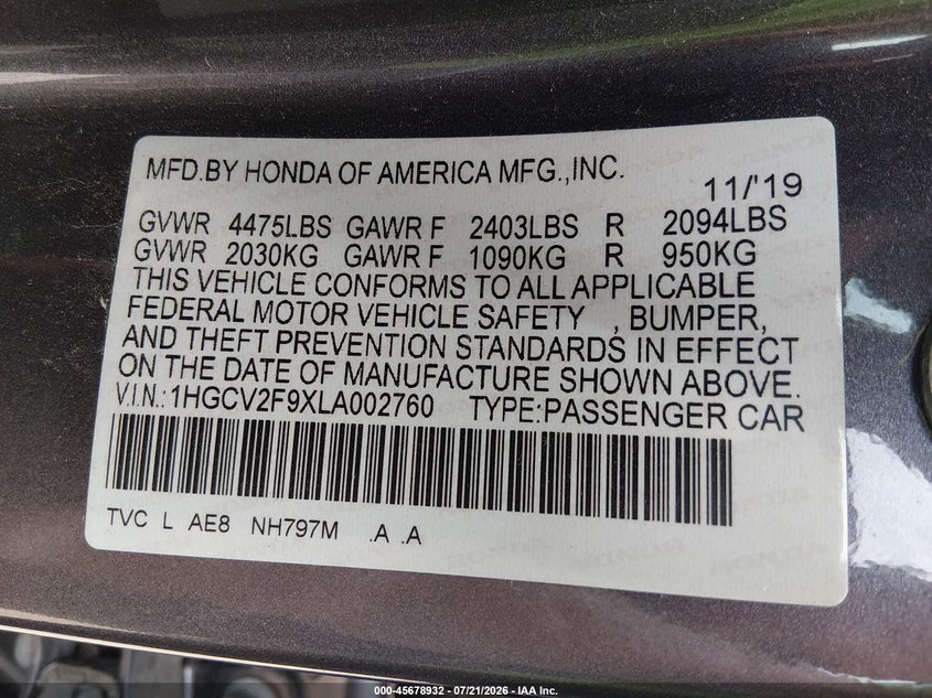 2020 Honda Accord Touring VIN: 1HGCV2F9XLA002760 Lot: 45678932
