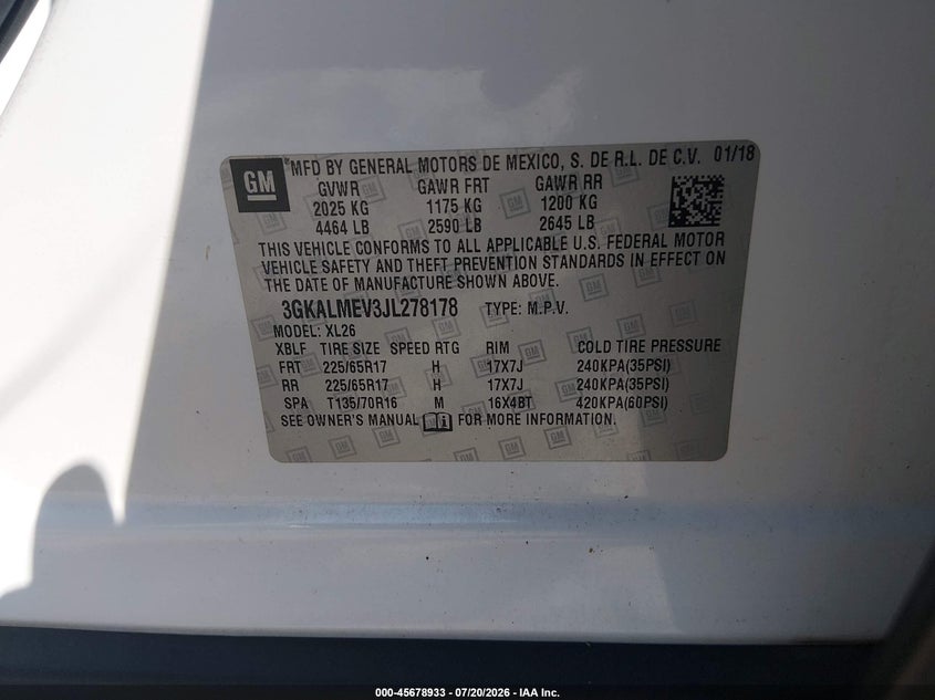 2018 GMC Terrain Sle VIN: 3GKALMEV3JL278178 Lot: 45678933