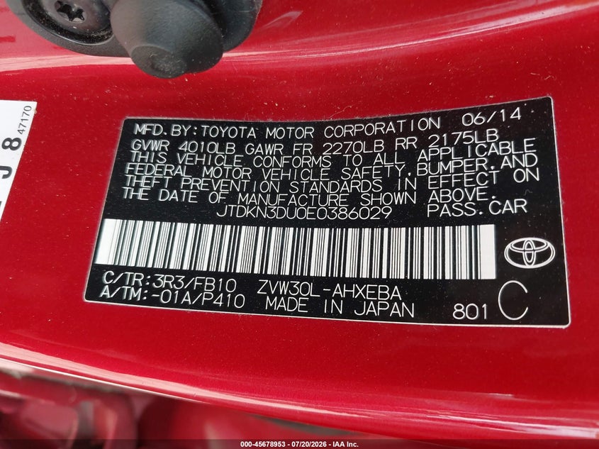 2014 Toyota Prius Three VIN: JTDKN3DU0E0386029 Lot: 45678953