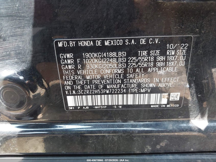 2023 Honda Hr-V Awd Sport VIN: 3CZRZ2H53PM722234 Lot: 45678966