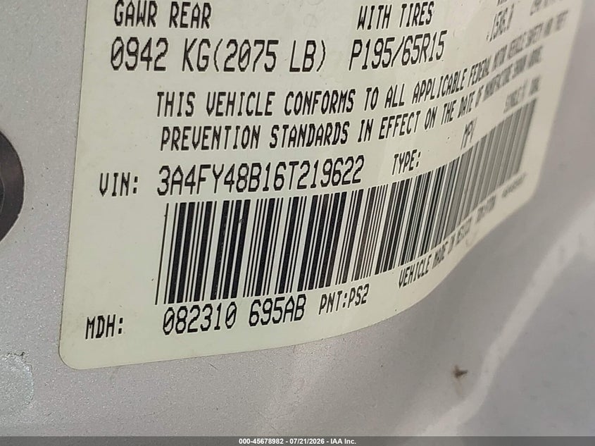 2006 Chrysler Pt Cruiser VIN: 3A4FY48B16T219622 Lot: 45678982