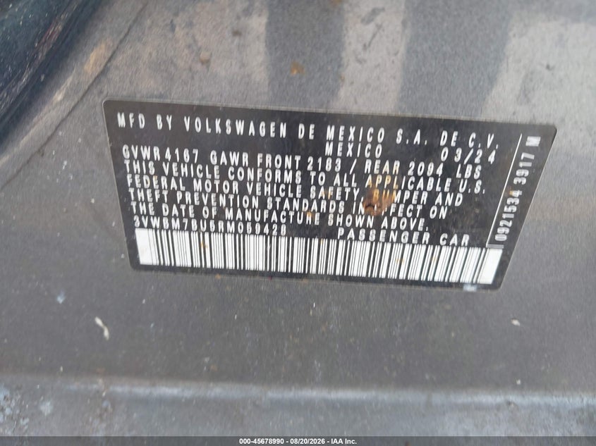 VOLKSWAGEN JETTA 2024 VIN 3VWBM7BU5RM059428