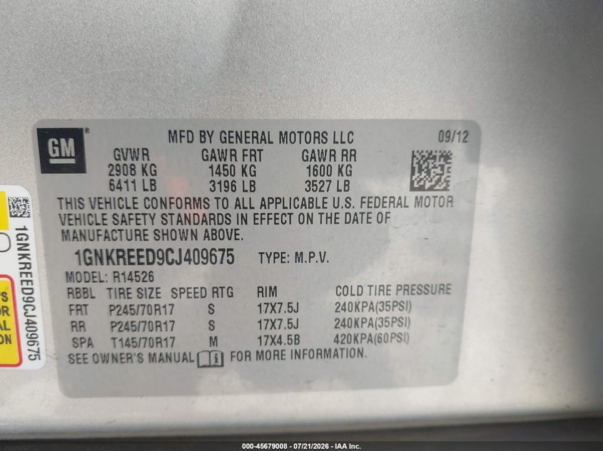 2012 Chevrolet Traverse Ls VIN: 1GNKREED9CJ409675 Lot: 45679008