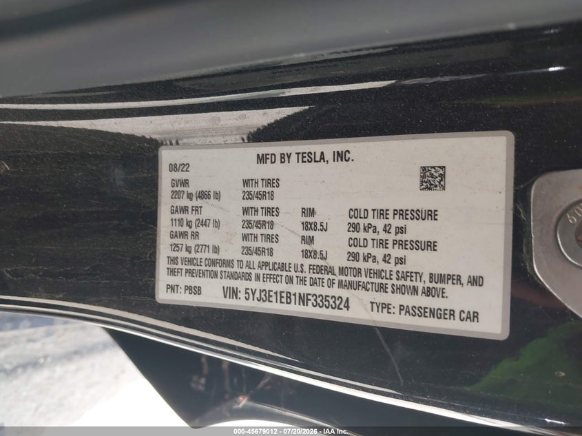 2022 Tesla Model 3 Long Range Dual Motor All-Wheel Drive VIN: 5YJ3E1EB1NF335324 Lot: 45679012