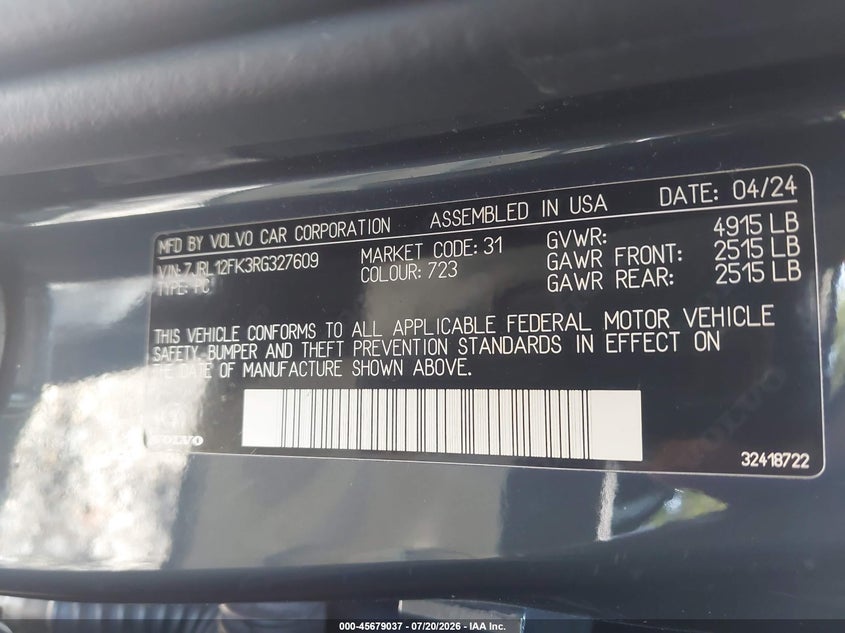 2024 Volvo S60 B5 Core Dark Theme VIN: 7JRL12FK3RG327609 Lot: 45679037