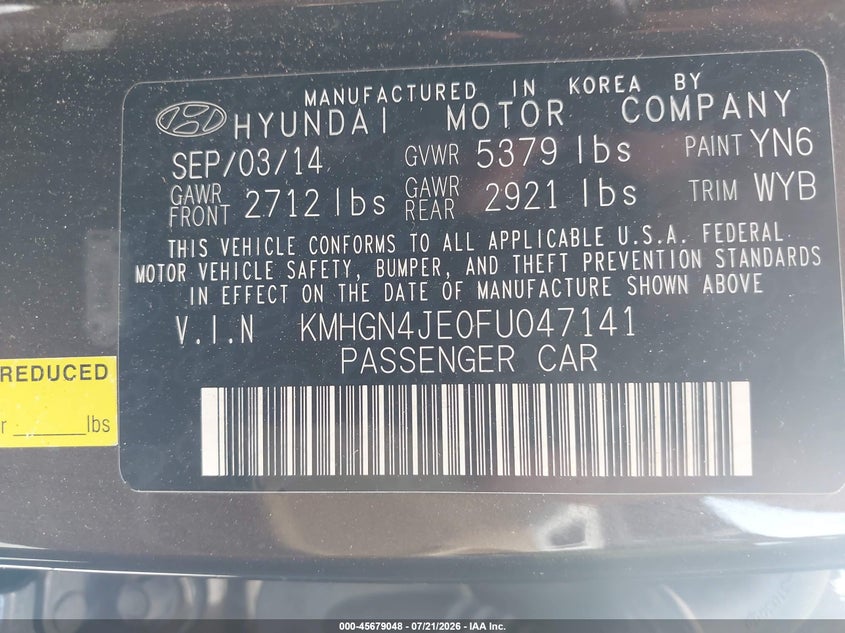 2015 Hyundai Genesis 3.8 VIN: KMHGN4JE0FU047141 Lot: 45679048