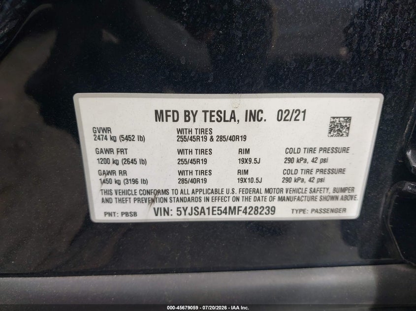 2021 Tesla Model S Long Range Dual Motor All-Wheel Drive VIN: 5YJSA1E54MF428239 Lot: 45679059