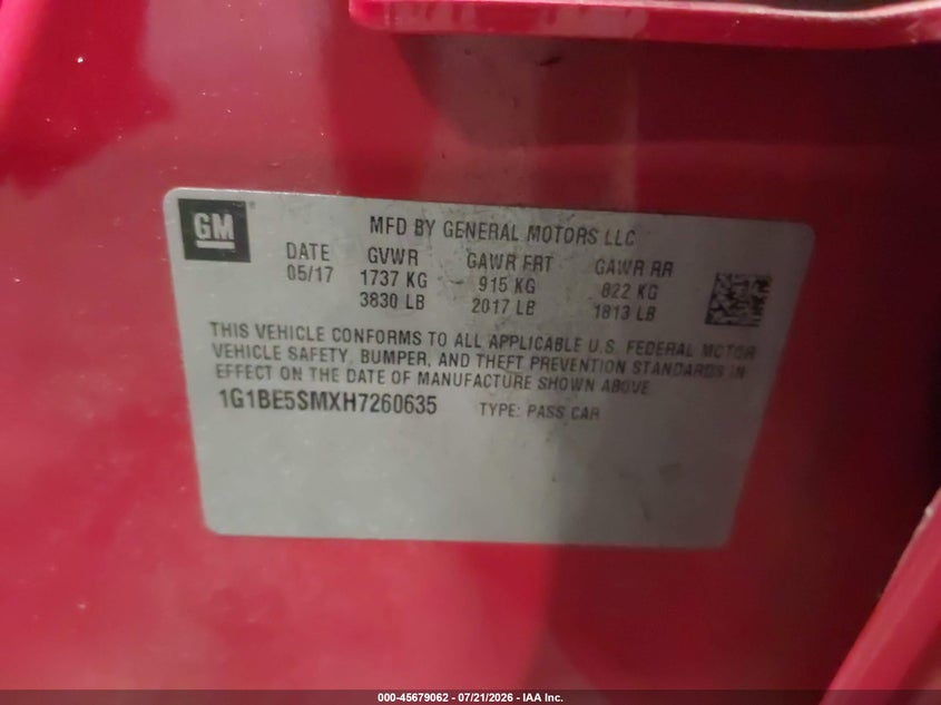CHEVROLET CRUZE 2017 VIN 1G1BE5SMXH7260635