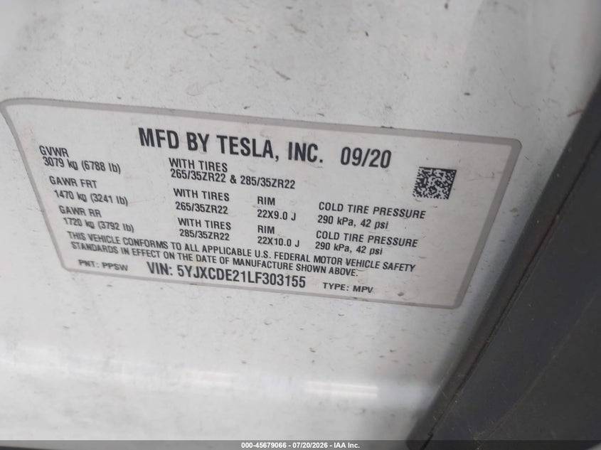 2020 Tesla Model X Long Range Dual Motor All-Wheel Drive/Long Range Plus Dual Motor All-Wheel Drive VIN: 5YJXCDE21LF303155 Lot: 45679066