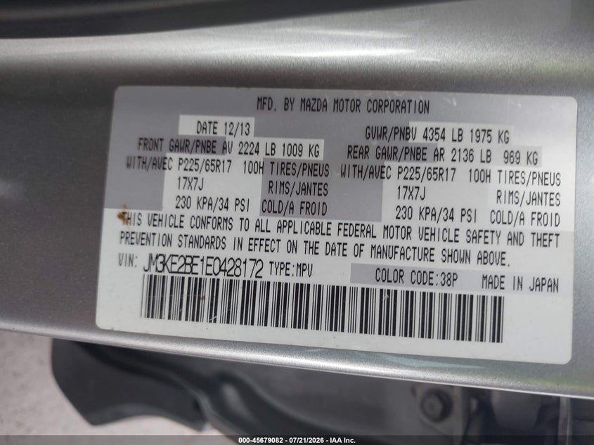 2014 Mazda Cx-5 Sport VIN: JM3KE2BE1E0428172 Lot: 45679082