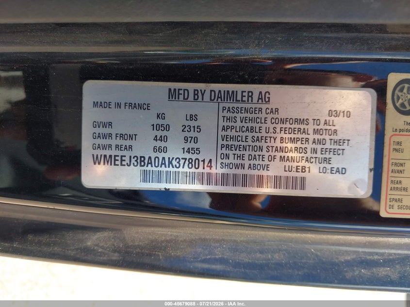 2010 Smart Fortwo Passion/Pure VIN: WMEEJ3BA0AK378014 Lot: 45679088