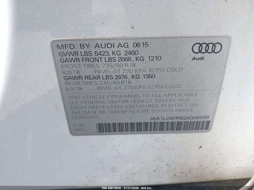 2016 Audi Q5 2.0T Premium VIN: WA1L2AFP8GA008699 Lot: 45679090