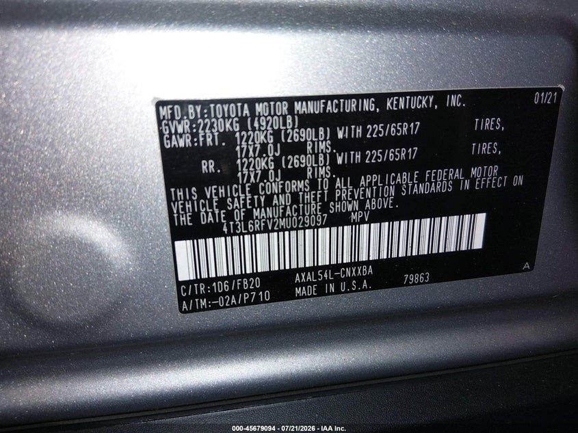2021 Toyota Rav4 Hybrid Le VIN: 4T3L6RFV2MU029097 Lot: 45679094
