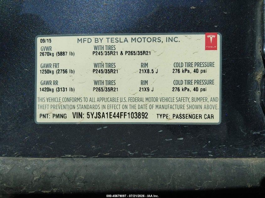 2015 Tesla Model S 85D/P85D VIN: 5YJSA1E44FF103892 Lot: 45679097