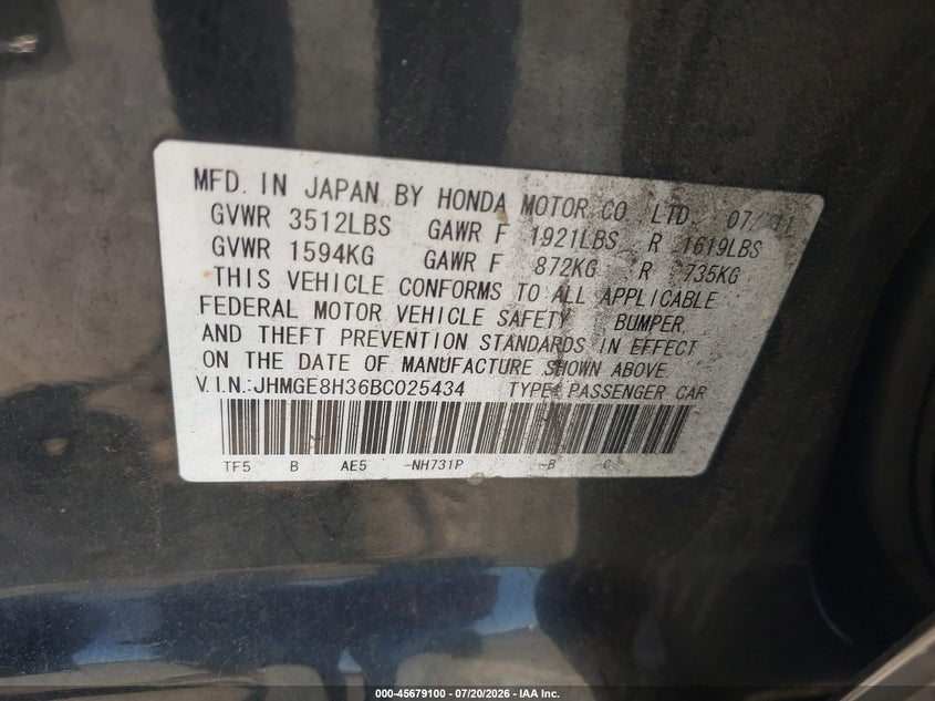 2011 Honda Fit VIN: JHMGE8H36BC025434 Lot: 45679100