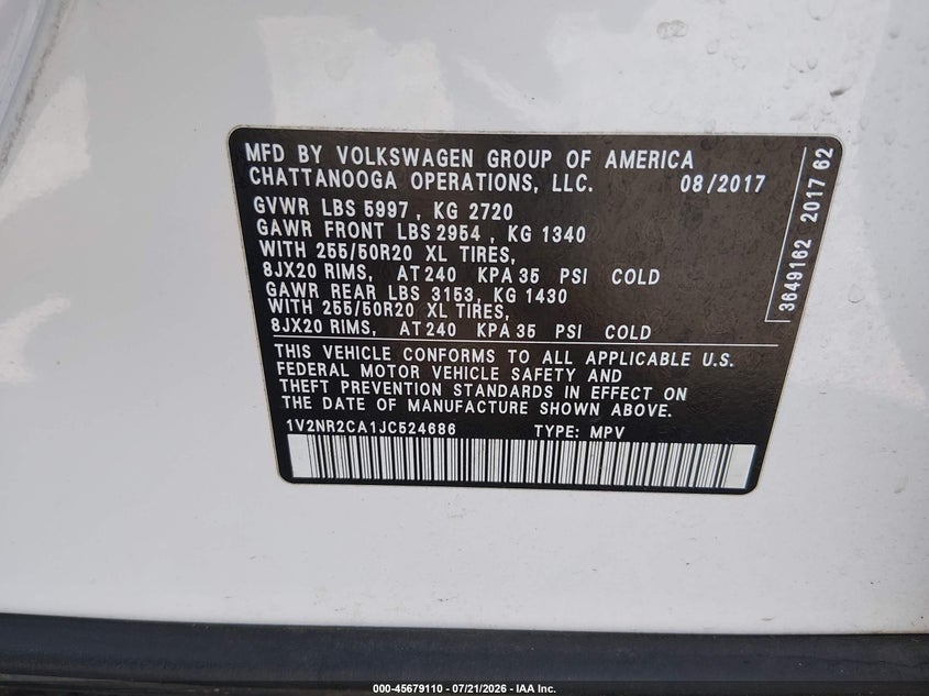 2018 Volkswagen Atlas 3.6L V6 Sel Premium VIN: 1V2NR2CA1JC524686 Lot: 45679110
