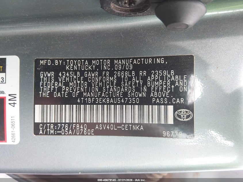 2010 Toyota Camry Le VIN: 4T1BF3EK8AU547350 Lot: 45679145